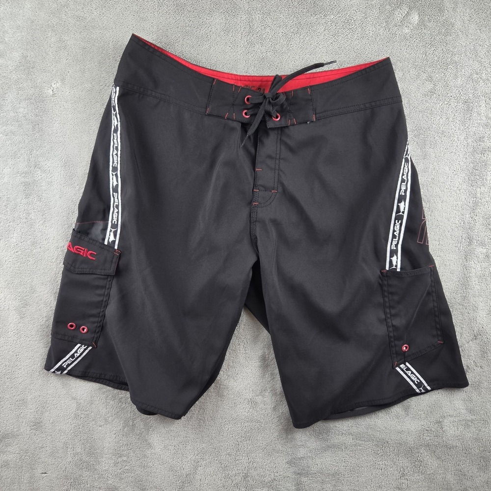 Pelagic Board Shorts Mens Sz 34 Deep Sea Fishing Swim Trunks Black Red Pockets